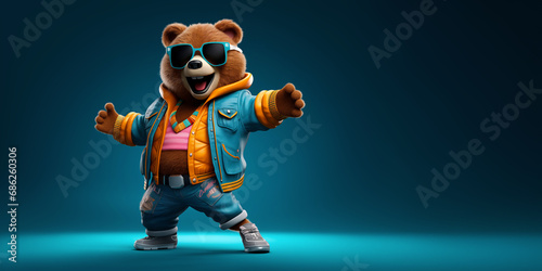 Cute teddy bear, casual dressed, with a big smile in a funny carton style attitude, relax, cool and funky, on a dark blue background with copy space photo