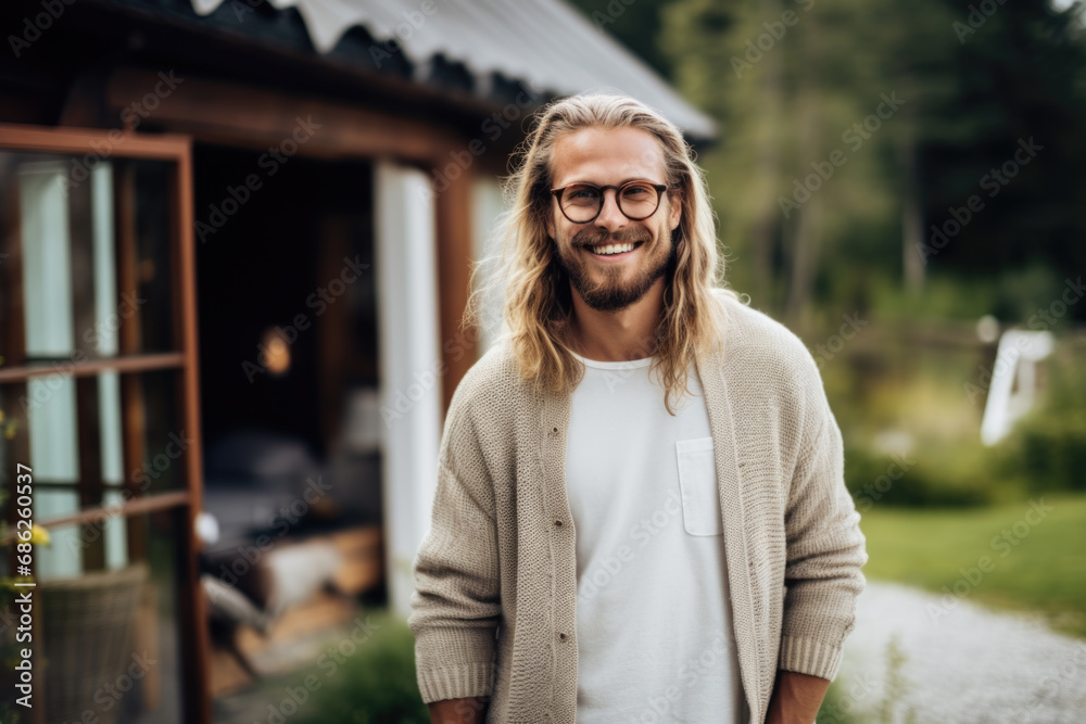 Portrait of a handsome European male model wearing prescription glasses and Norwegian knitted cardigan Portrait of a handsome European male model wearing prescription glasses and Norwegian knitted cardigan