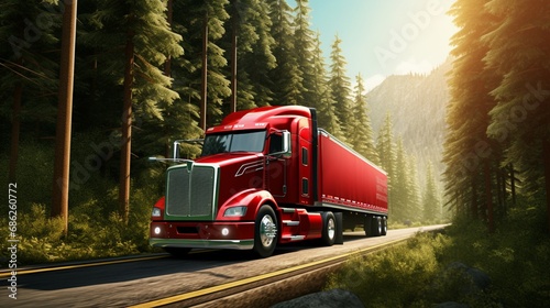 Bright red big rig semi truck with semi trailer in a hurry for timely delivery of goods running on the green forest roa, photo