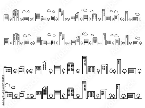 ビルの並ぶ街並みのライン素材セット
