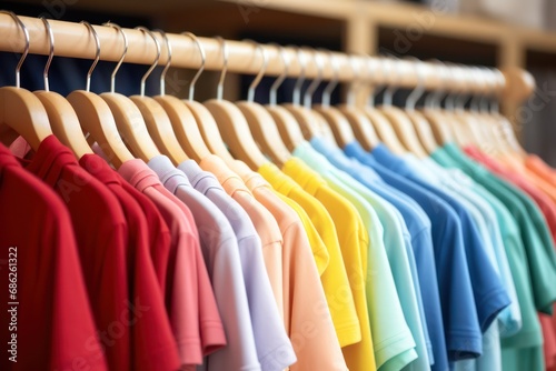 Multi-colored T-shirts hang in closet on hangers, wardrobe close-up. AI generated