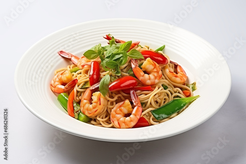 Stir fry noodles, pepper, asparagus, and prawns in a stylish white bowl. Culinary perfection