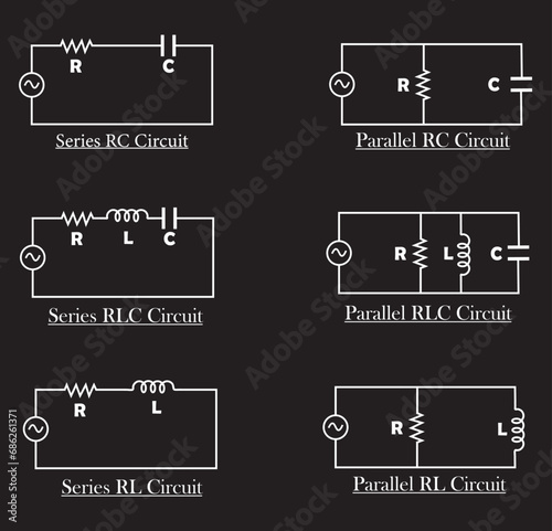 Different types of electric circuit diagram (RC, RLC and RLC). vector illustration. 