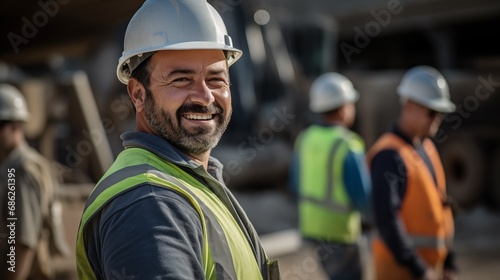 Cheerful construction team male mid age worker outdoors in protective white helmet outdoors in construction industry photo