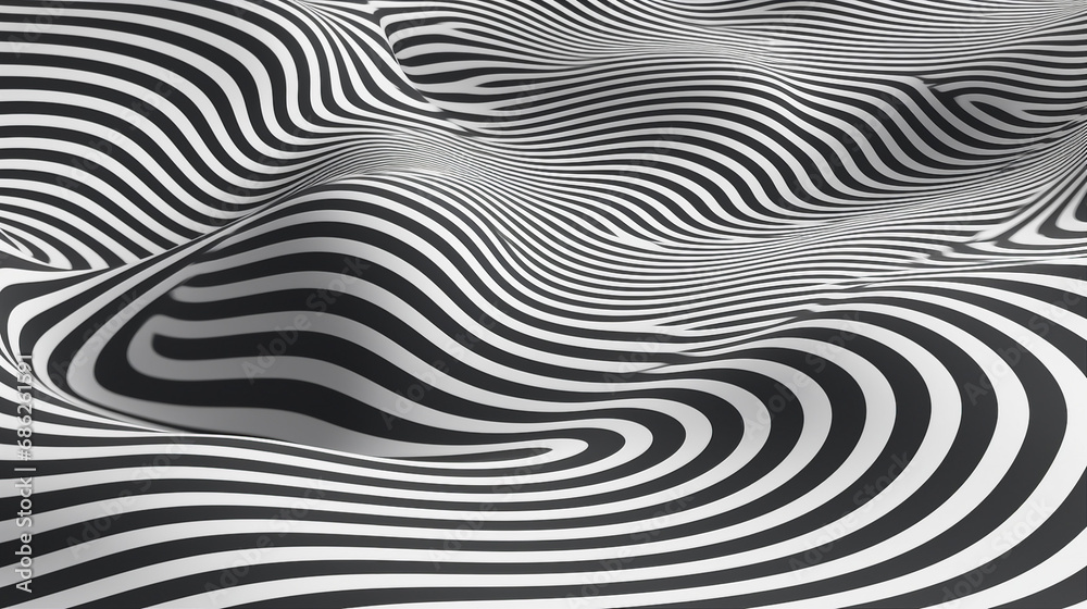 Dynamic Wavy Pattern with Optical Illusion: Abstract Striped Figure - Modern Artistic Design for Vibrant Backgrounds and Stylish Contemporary Concepts in Minimalist Fashion.