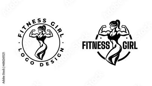 Women Fitness club logo or emblem with woman silhouette. Girl Bodybuilder Logos Template. Vector illustration Isolated on white background.