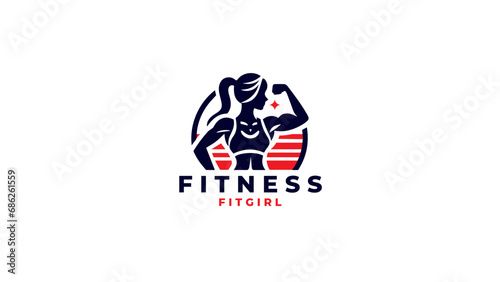 Women Fitness club logo or emblem with woman silhouette. Girl Bodybuilder Logos Template. Vector illustration Isolated on white background.