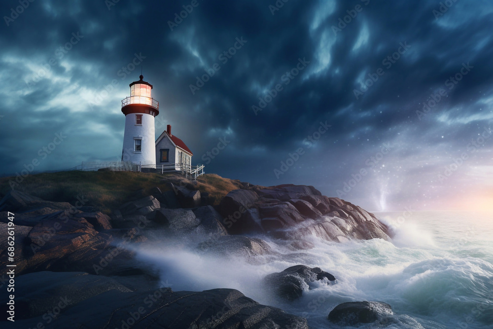 A lighthouse on the seashore. A storm at sea. Guiding brilliance: seaside lighthouse majesty.