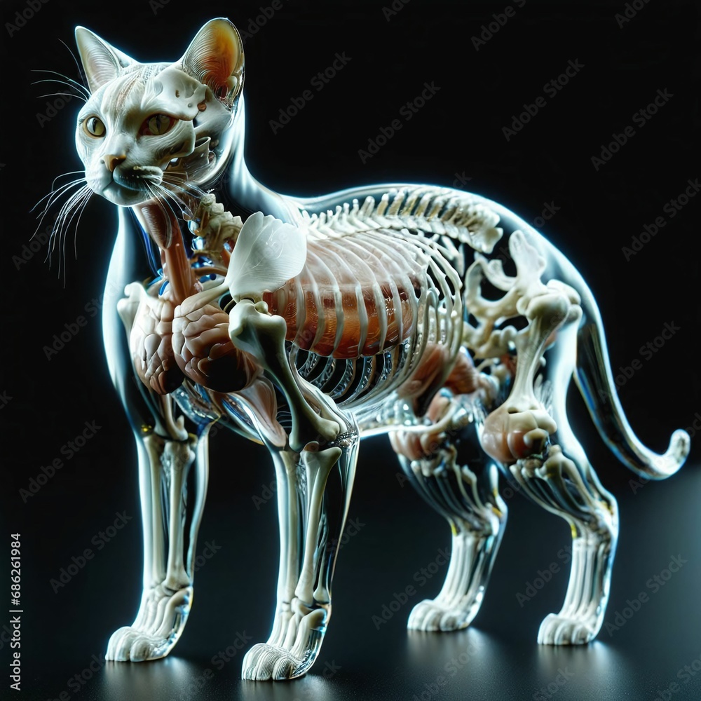 A cat with a transparent body in which you can see internal organs and bones in detail. AI generated. A cat with a transparent body in which you can see internal organs and bones in detail. AI generated.