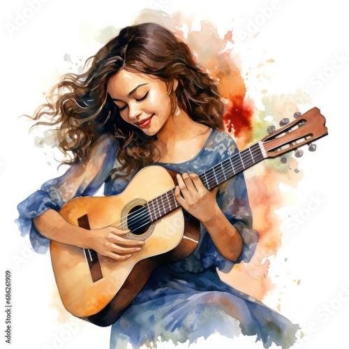 Hispanic Girl Playing Guitar Delightful Watercolor Clipart for Music Passion