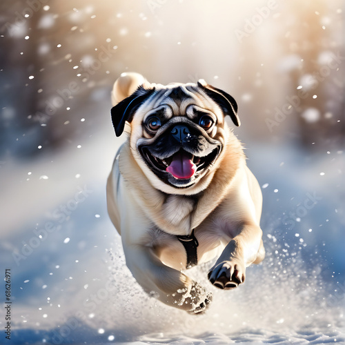 Happy Pug dog running through ice and snow