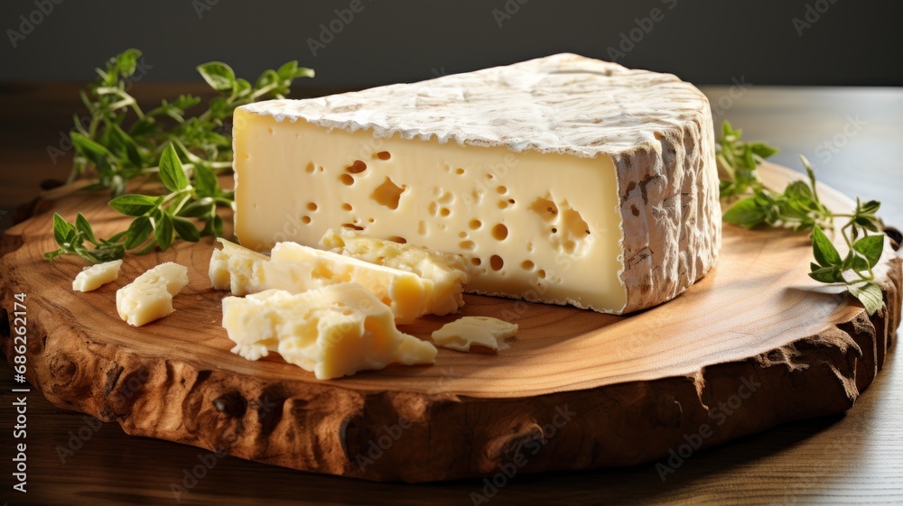 Cheese chunk close up tasty on rustic wood background. Ultra realistic French cheese cutting. Dairy products shot illustration. Grocery product advertising.