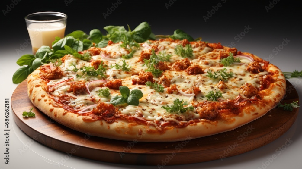 Italian pizza close up tasty with melted mozzarella cheese isolated on white background. Template of realistic pizza, icon, detailed.
