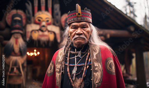 Elder Indigenous man in traditional regalia standing proudly before a totem pole and cultural longhouse in the Pacific Northwest photo