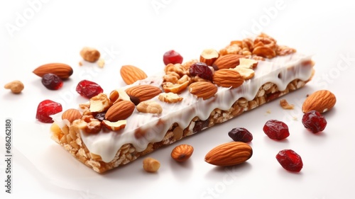 Granola energy bar close up cutout minimal isolated on white background. Ultra realistic granola bar 3d, icon, detailed. Grocery product advertising.