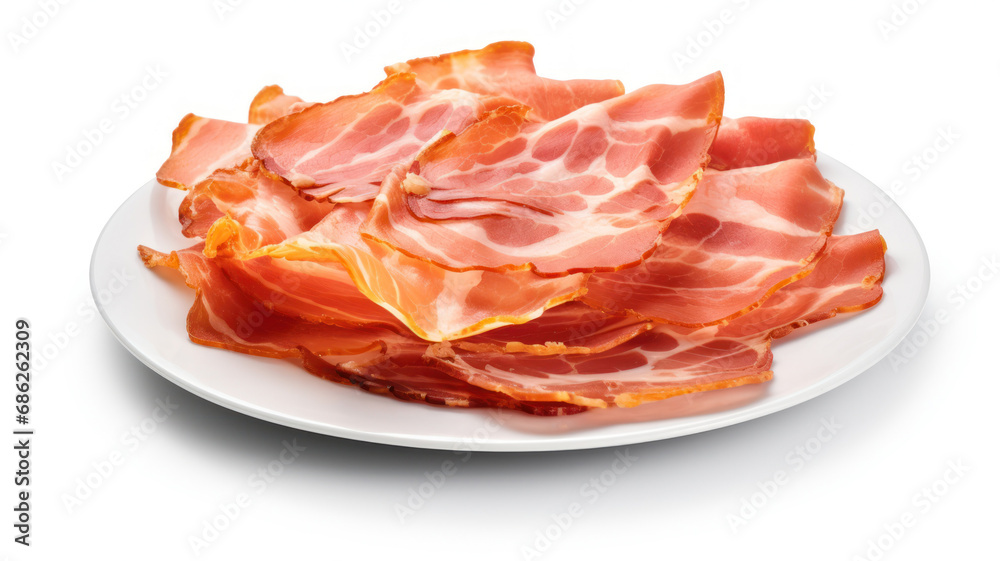 Cured Meat Italian ham slices platter cutout minimal isolated on white background. Spanish Cures meat platter illustration. Italian slices of coppa, ham slices with rosemary. Raw food.