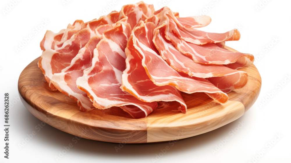 Cured Meat Italian ham slices platter cutout minimal isolated on white background. Spanish Cures meat realistic illustration. Italian slices of coppa, ham slices ham slices, icon, detailed. - obrazy, fototapety, plakaty 