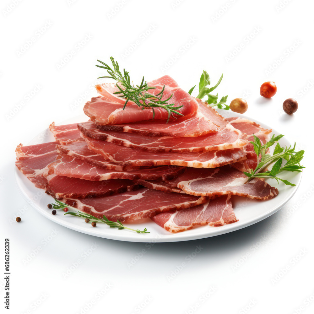 Cured Meat Italian ham slices cutout minimal isolated on white background. Realistic Spanish Cures meat platter illustration. Italian slices of coppa, ham slices, icon, detailed.