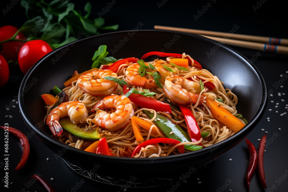 Stir fry noodles, pepper, asparagus, and prawns in a stylish black bowl. Culinary perfection