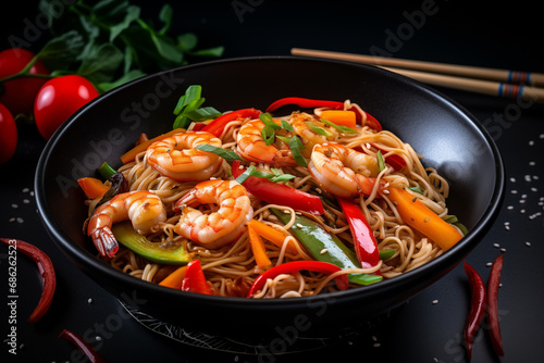 Stir fry noodles, pepper, asparagus, and prawns in a stylish black bowl. Culinary perfection