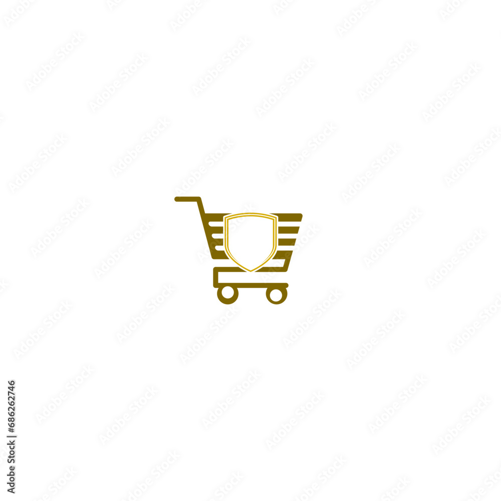 Shopping cart with shield icon isolated on white background. Concept of protected sale Shopping cart with shield icon isolated on white background. Concept of protected sale