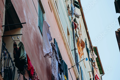 Laundry is dried outside a window in the center of Ventimiglia in Italy.