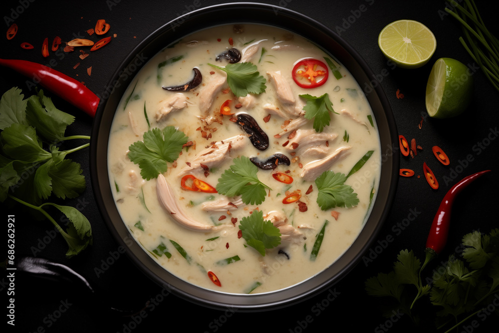 A view from above Tom Kha Gai soup in a black bowl, surrounded by ingredients A view from above Tom Kha Gai soup in a black bowl, surrounded by ingredients