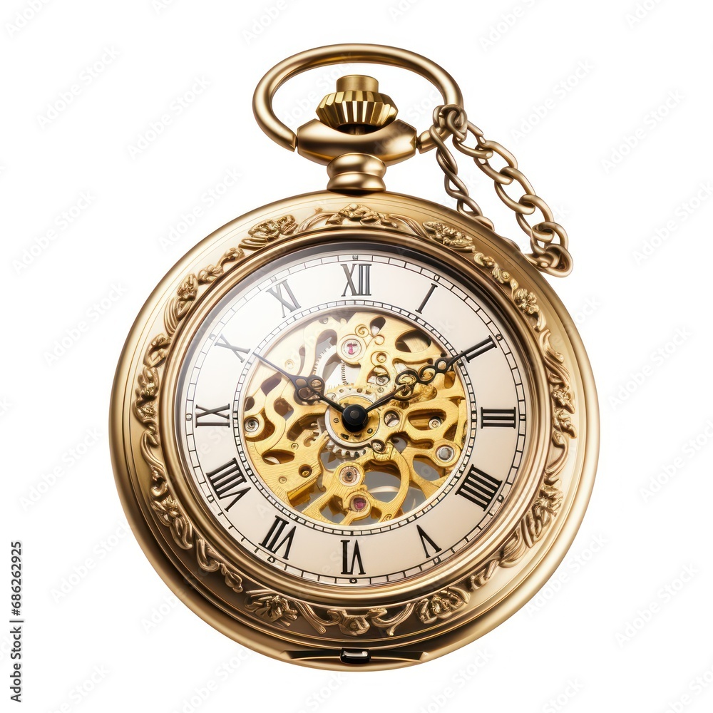Elegant Gold Pocket Watch with Chain on White Background Elegant Gold Pocket Watch with Chain on White Background