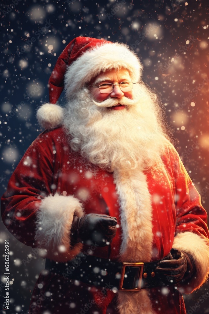 A man dressed as Santa Claus standing in the snow. This picture can be used for various holiday-related designs and promotions. A man dressed as Santa Claus standing in the snow. This picture can be used for various holiday-related designs and promotions.