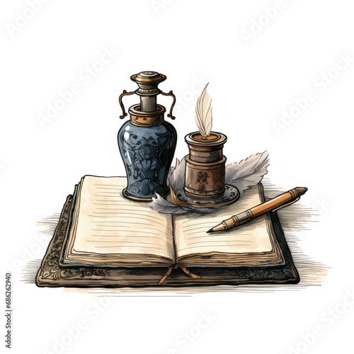 Vintage Pen and Inkwell Set on Open Book Elegant Isolated Image