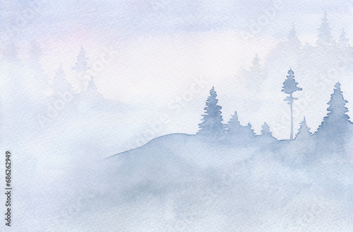 Watercolor illustration of a winter forest in the morning  hand-drawn. A banner for design and decoration with space for text. Light background with pine trees. The texture of watercolor on paper.