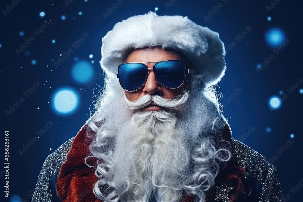 A man dressed as Santa Claus wearing sunglasses. This picture can be used for holiday promotions, Christmas events, or as a fun and modern twist on traditional Santa Claus imagery A man dressed as Santa Claus wearing sunglasses. This picture can be used for holiday promotions, Christmas events, or as a fun and modern twist on traditional Santa Claus imagery