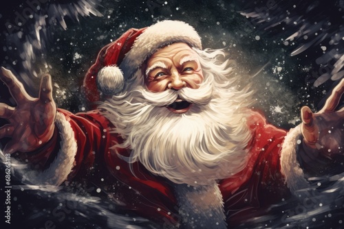 A painting of Santa Claus standing in the snow. This image can be used for Christmas-themed designs and holiday greetings.