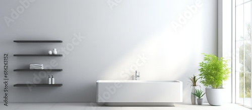 Modern bathroom with clean white walls a ed white toilet and sunlight with a shower and copy space background