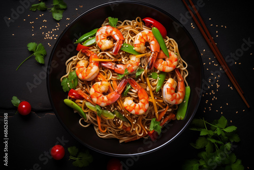 From above stir fry noodles, pepper, asparagus, and prawns unite in a sleek black bowl