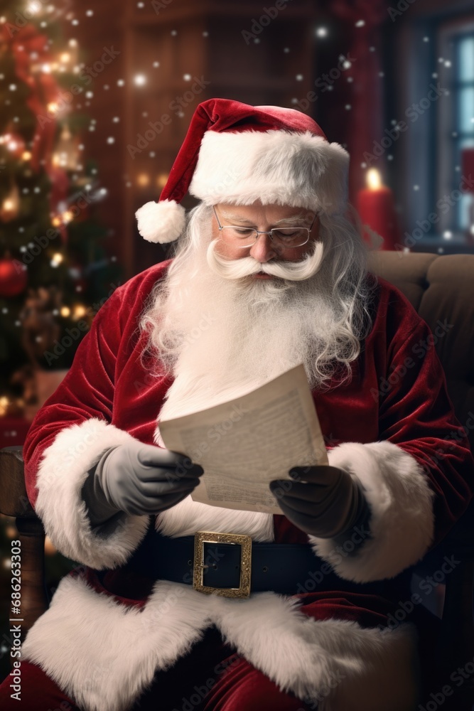 A picture of a man dressed as Santa Claus reading a letter. This image can be used to depict the joy and excitement of the holiday season and the anticipation of receiving letters from children. A picture of a man dressed as Santa Claus reading a letter. This image can be used to depict the joy and excitement of the holiday season and the anticipation of receiving letters from children.