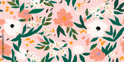 Vector seamless pattern, blooming absract cyan, pink flowers and yellow foliage-spots on coral background. Use in textiles, interior, wrapping paper and other design. photo