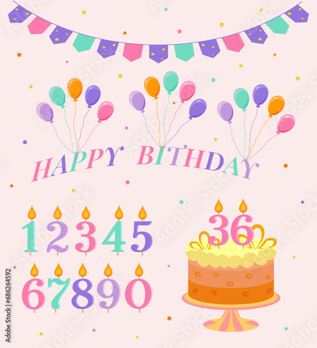 Happy birthday set  cake  candle  number  balloon  vector