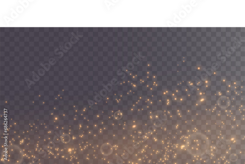 Christmas glowing bokeh confetti light and glitter texture overlay for your design. Festive sparkling gold dust png. Holiday powder dust for cards, invitations, banners, advertising. photo