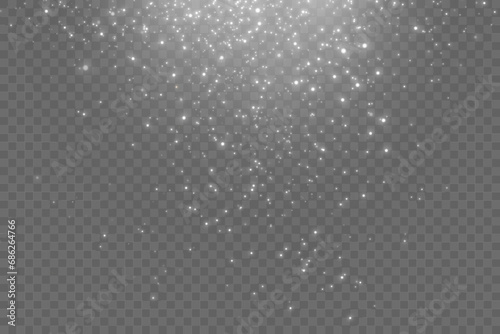 Christmas glowing bokeh confetti light and glitter texture overlay for your design. Festive sparkling white dust png. Holiday powder dust for cards, invitations, banners, advertising.