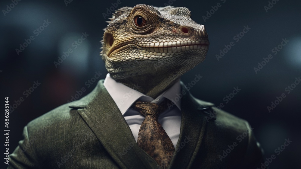 portrait of a lizard human wearing a suit.Generative AI