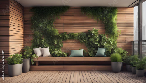 Morden residential balcony garden with bricks wall, wooden bench and plants. photo