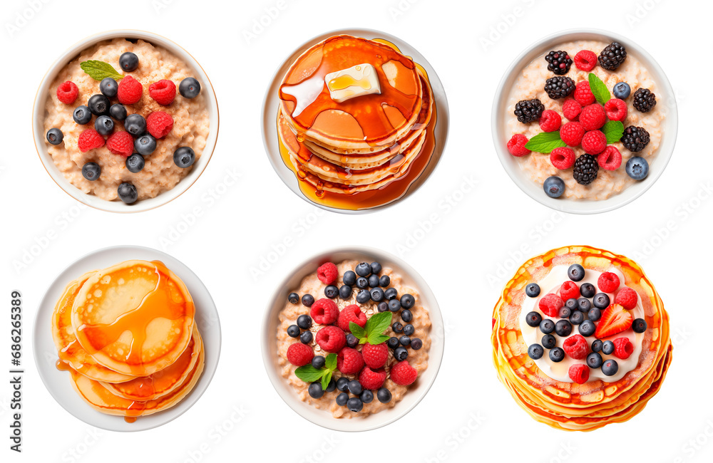 breakfast collection, pancakes, oatmeal, rice porridge, drizzled with honey, with berries