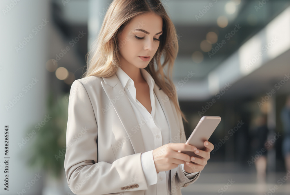 Businesswoman using mobile phone to communicate messages. Search for financial and investment information. Use your phone to post business information.