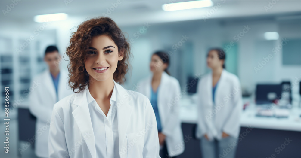 Fototapeta premium Female doctor wearing a white coat and work uniform in a hospital operating room. Generative AI.