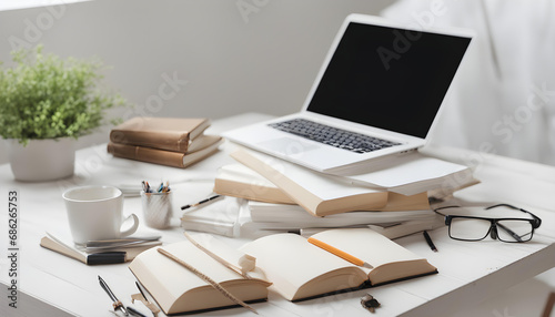 Comfortable workspace with books, office supplies and copy space on white wooden table