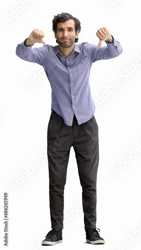 young man in full growth. isolated on white background showing bad sign with thumb