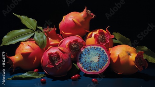 manilkara_tropical_fruits_photorealism_style_on_indigo_ba