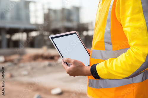 Construction worker holding tablet in hands at a construction site