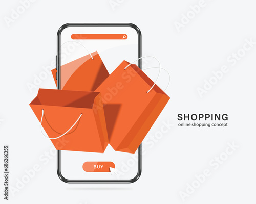 3 orange shopping bag, buy button, search icon  floating on smartphone screen, vector 3d isolated on white background for delivery and online shopping concept design